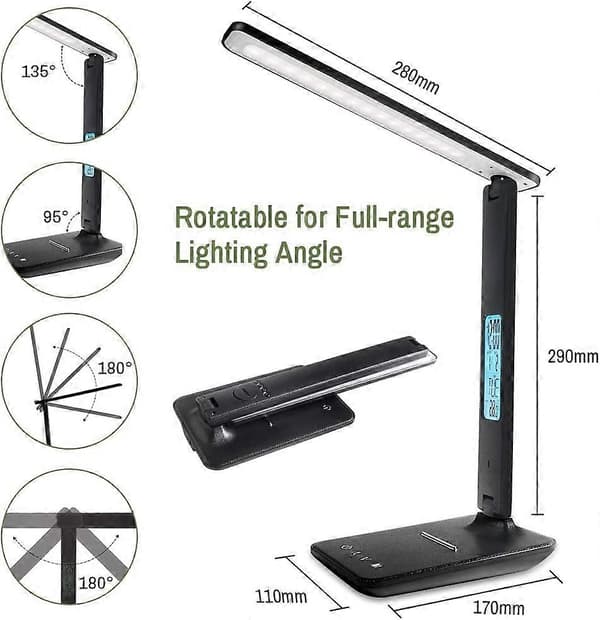 Dæmpbar LED bordlampe, 3 tilstande/5 lysstyrkeniveauer/LCD-display/Vækkeur, øjenbeskyttelse Touch (sort)