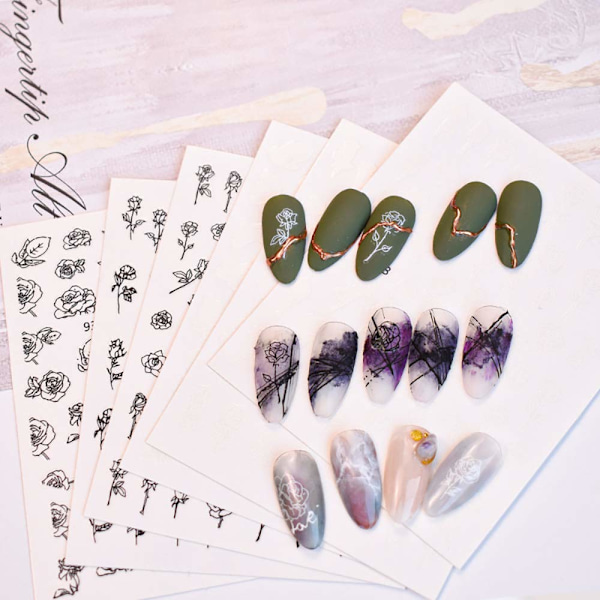 3D självhäftande svartvita rosnagelstickers fransk ihålig blomma nagelkonstdesign manikyr DIY nageldekoration (6 ark)
