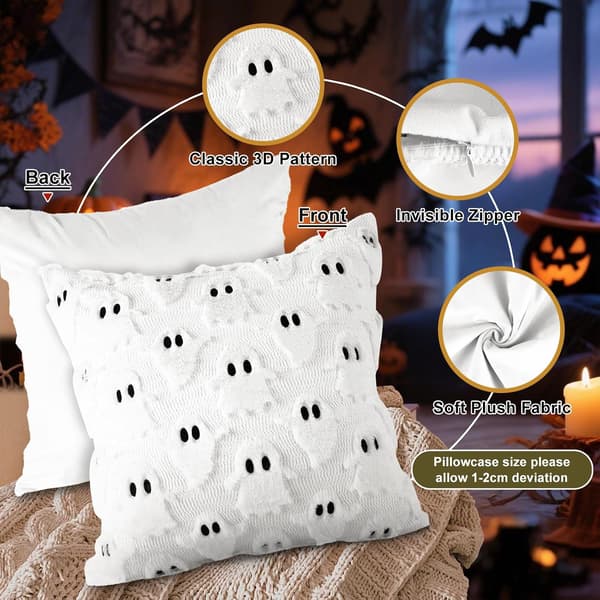 Halloween Spøgelse Pudebetræk Sæt med 2, Søde Toøjede Spøgelse Pyntepudebetræk Blød Plys 50 x 50 cm Pyntepudebetræk til Soveværelsesindretning (Hvid) White