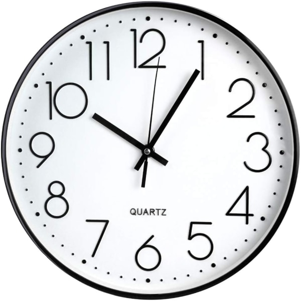 Väggklocka, 12'' Icke-tickande tysta kvarts dekorativa klockor, modern rund klocka med stort antal (svart)