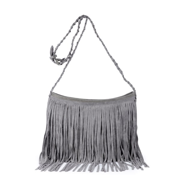 Boho Hippie Frynsetasker i Svedeskind - Grå