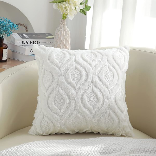 Set med 2 plysj-putetrekk 45x45 cm, dekorative myke plysj plysj putetrekk 18X18 tommer, firkantet boho nøytral, for sofa, hvit