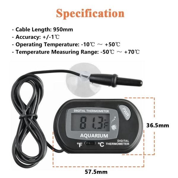 Akvarie Termometer, LCD Digitalt Elektronisk Termometer med Sugekop Vand Termometer