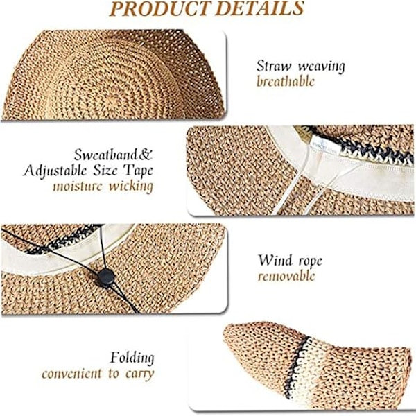 Trendy Dame Solhat Sommer Stråhat til Kvinder Justerbar Sommer Panama Fedora Bred Skygge UPF 50+ Foldbar Strå Strandhat Khaki