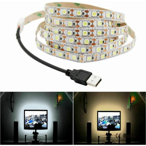 5V USB LED Strip Light Vit TV Bakgrundsbelysning Lampa Självhäftande flexibel tejp Tråd (Vit-1m 60leds)