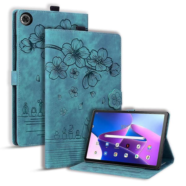 För Lenovo Tab M10 Plus (3:e generationen) Kortfack Läder Tabletfodral Imprimerat Blomma Katt Ställ Skydd