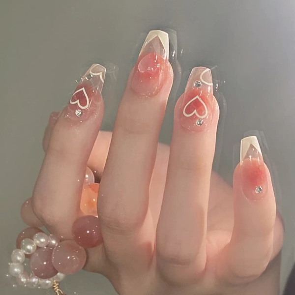 Tryck på naglar lång kista falska naglar glänsande ballerina falska naglar med lim kärleks hjärta design falska naglar