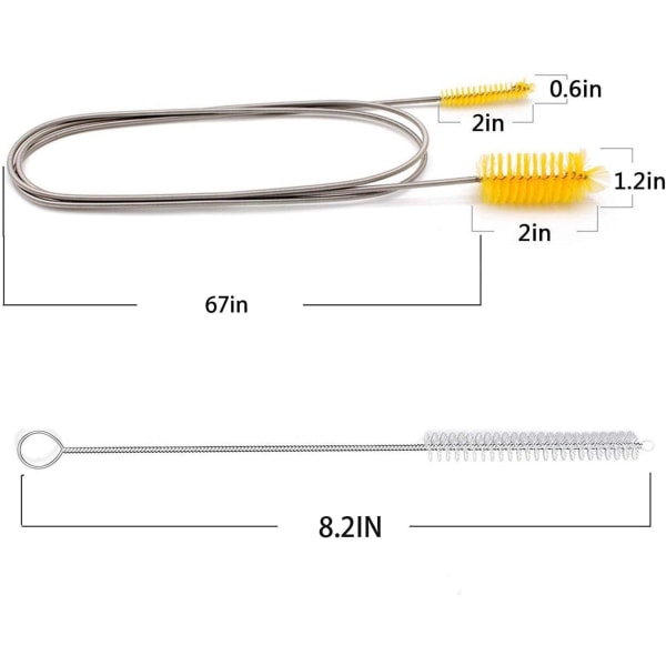 Flexibel avloppsborste， Nylon med dubbla ändar elastiskt slangrör 67-tum och 2 ST 8,2-tums strårengöringsborste