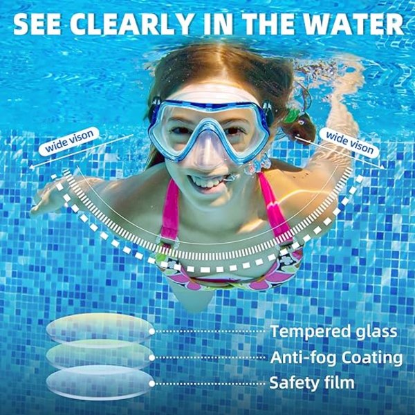Barnens simglasögon snorkelmask med näsmask junior anti-imma klar vision, blå