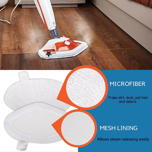 Uudelleenkäytettävät mikrokuituliinojen vaihtotyynyt, jotka ovat yhteensopivat POLTI Vaporetto Steam Cleaner -lattianpuhdistusaineen kanssa, pestävät täyttötyynyt (6 kpl)
