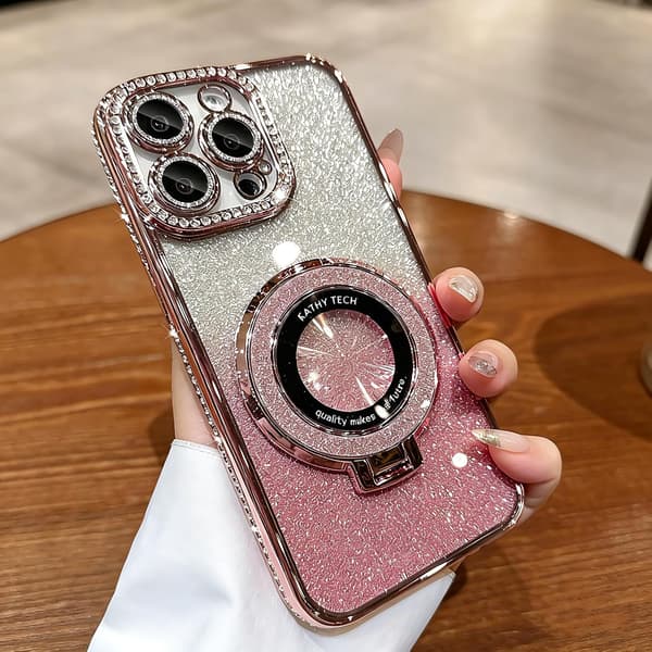 Magnetisk stativ for iPhone 17 Pro-deksel med glitter, bling og kort, rosa Pink iPhone17PRO