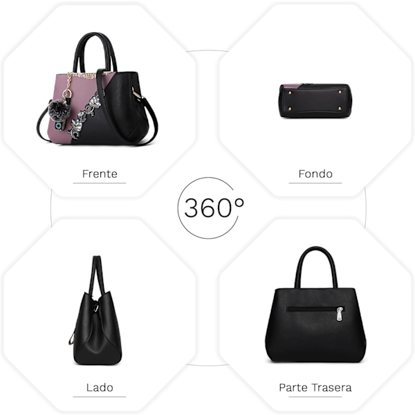 Dametasker Blomstermønster Crossbody Tasker Pom Pom Dekoration Håndtasker Tote Tasker til Kvinder Damer Skuldertaske PU Læder negro