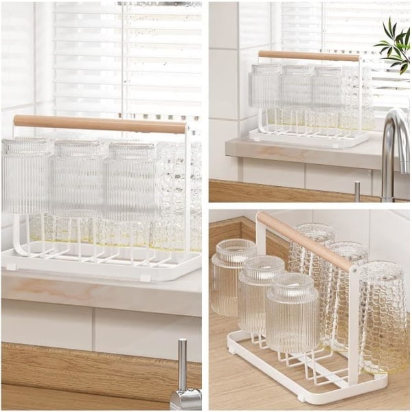 Bärbar organizer, hemköksförvaring Glasmugghållare med trähandtag i metall och case, glasmuggsförvaringshållare (vit)
