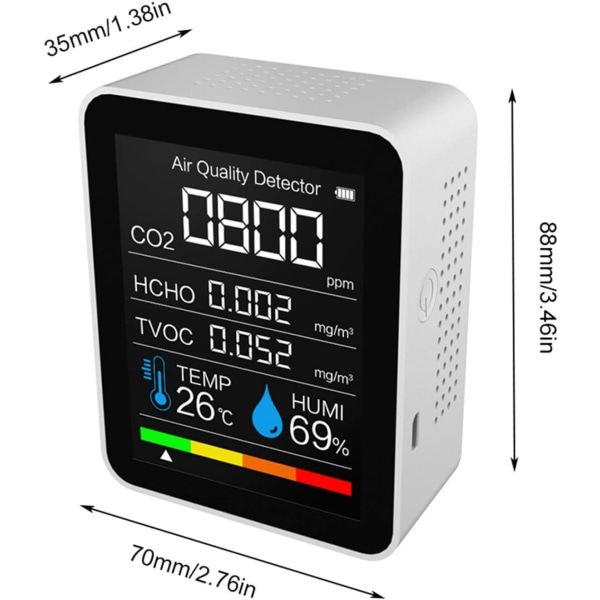 CO2-detektor, koldioxiddetektor, luftkvalitetsmätare CO2-mätare temperatur och relativ fuktighet vägg