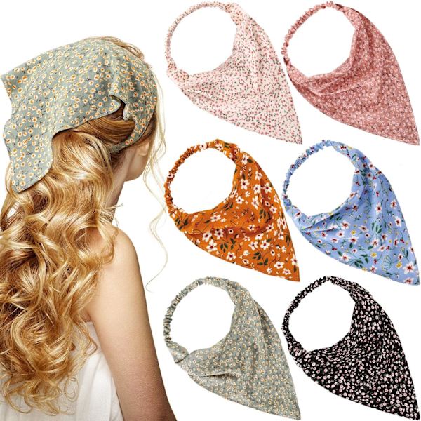 6 stk. Blomstrede elastiske hårbånd, tørklæde, pandebånd, chiffon hovedtørklæde, trykt turban