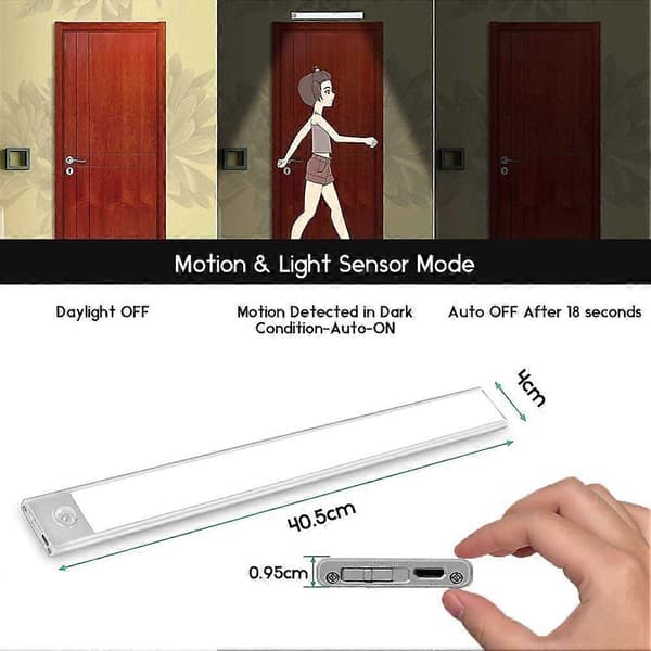 LED Garderobslampor, Rörelsesensor, Trådlös USB-laddning Magnetisk (6000k, 40cm)