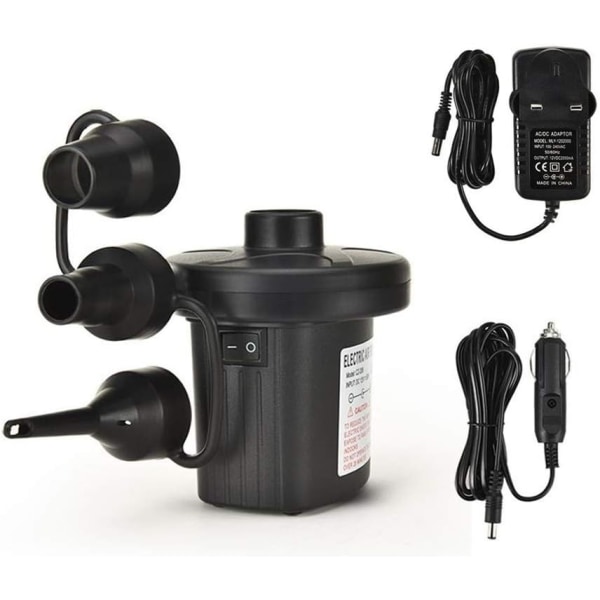 Elektrisk pumpe for oppblåsbare gjenstander Elektrisk luftpumpe, 240V AC/12V DC (hjem/bil), 3 dyser, rask oppblåsing/tømming