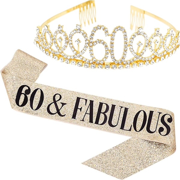 60 And Fabulous Sash & Rhinestone Tiara Kit - 60th Birthday Sash, 60 Birthday Gifts, Party Favors, Supplies, And Decorations (gold)