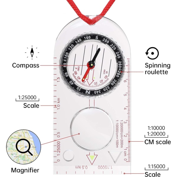 Vandringskompas, bärbar kompass för bergsklättring, utomhusaktiviteter och kartläsning med sladd