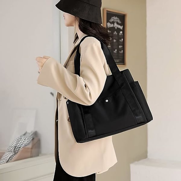 Toteveske for kvinner Nylon Casual Håndveske Skulderpose Multi Lommer Topphåndtak Shopping Bag