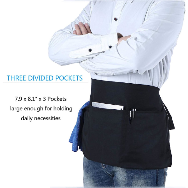 Midjeförkläde med 3 fickor - Svarta Servitris Servitörsserver Korta Förkläden