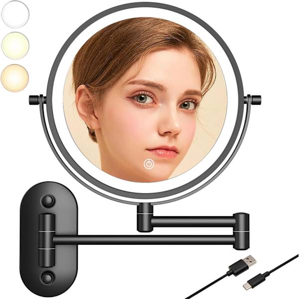 8 tuuman suurennospeili valolla, LED-valaistu seinäkiinnitys, 10x suurennos hotelliin pukeutumispöydälle, kylpyhuoneeseen, USB-ladattava, musta - 10X