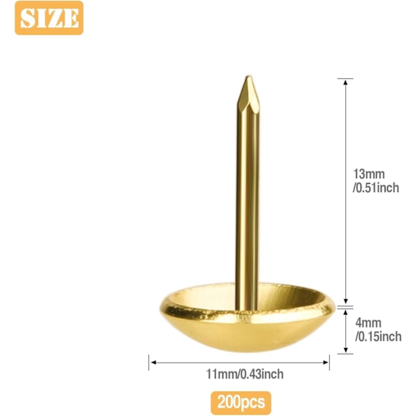 200-pack klädselsspikar, imitationsguld, en storlek