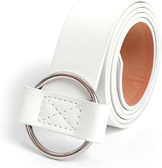 Midjebälten för kvinnor utan hål/stift PU-läder rund ring spänne, enkel cirkulär spännedesign, flexibel längdmatchning, vit White