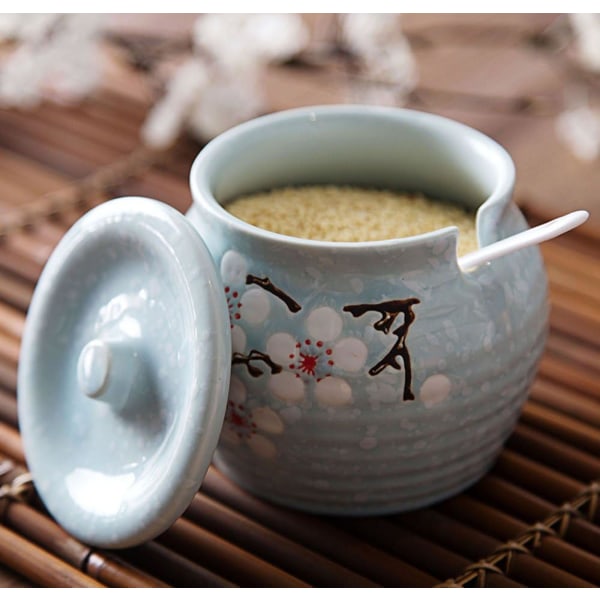 Japansk blomsockerskål kryddkruka Saltförvaringsburk med lock sked