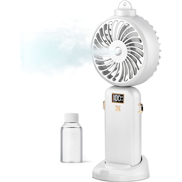 Bärbar Fläkt, Mini Handhållen Fläkt med Vattenspray 3000mAh Uppladdningsbart Batteridriven Dimfläkt med 5 Hastigheter, 90° Vikbar White