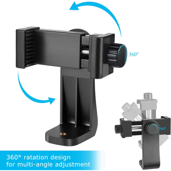 Vertikal og horisontal stativadapter for mobiltelefon med svingbart stativ, 1/4\" skrue/justerbar klemme for iPhone, Android-telefoner, selfie-stenger