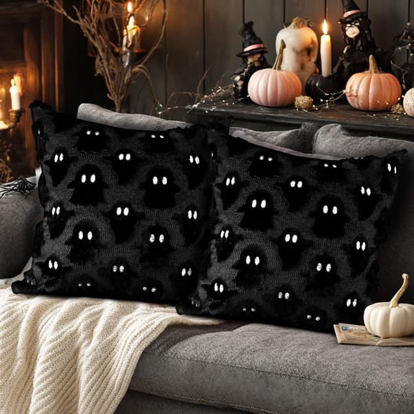 Halloween Spøgelse Pudebetræk Sæt med 2, Søde Toøjede Spøgelse Pyntepudebetræk Blød Plys 45 x 45 cm Pyntepudebetræk til Soveværelsesindretning (Sort) Black