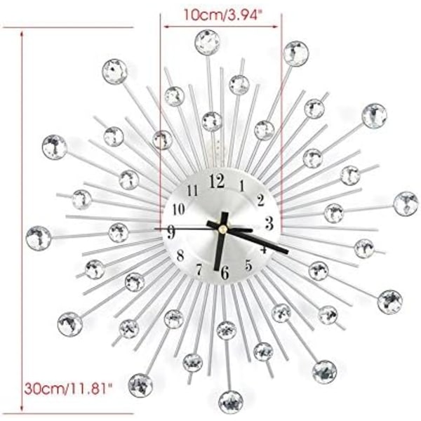3D Kristallväggklocka, 30 cm, med gnistrande spegel och rund väggdekor i strass