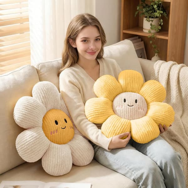 2 st Smiley Face Blomkuddar Vit och Gul Golvkudde Sittdyna, Vit och Gul White and Yellow