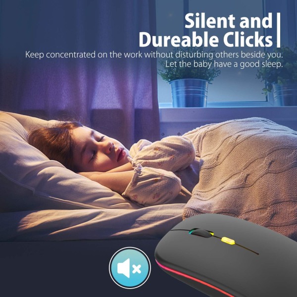 Trådlös LED-mus, Slim Silent Mouse 2.4G bärbar mobil kontorsmus med USB & Type-c-mottagare, för bärbar dator, bärbar dator, dator, MacBook (svart)