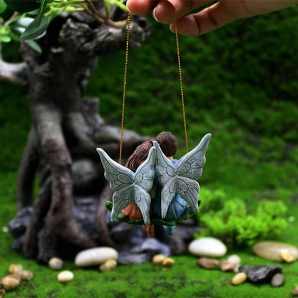 Romantisk fe par mini figurer sving hage landskap ornament harpiks statue