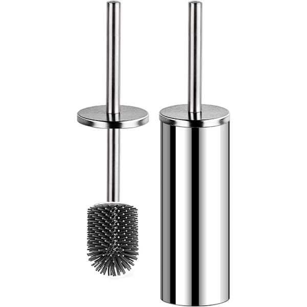 Toalettborste och hållare, rostfritt stål lockhandtag, silikon djuprengörande toalettborstar med snabb torkande hållare set (Silver)