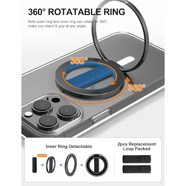 Telefon Grepp Stativ med Utbytbart Elastiskt Fingerloop, Avtagbar Magnetisk Ringhållare Kickstand Loop