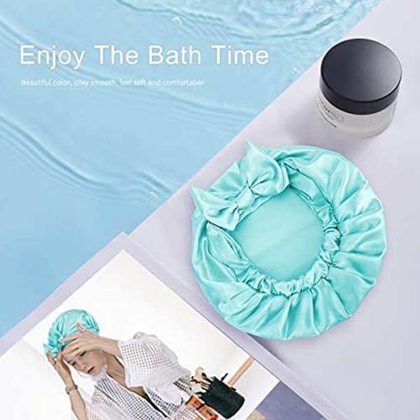 Dusjhette, sløyfe dobbelt lag gjenbrukbar silkesateng hårdusjhette for damer skjønnhetsbad, hår spa, Teal)