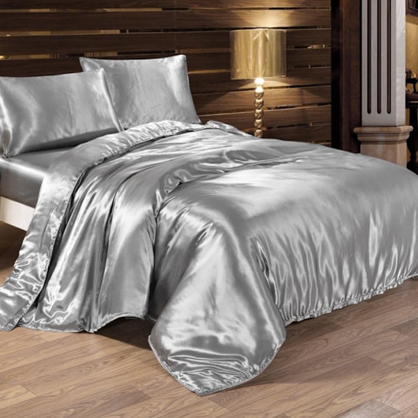 4-piece bedding set: soft silk satin duvet cover 220 x 240 cm, fitted sheet and pillowcase (Silver)