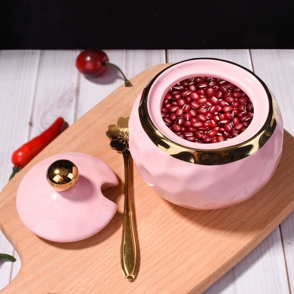 Keramisk sockerskål, golfformad, keramisk sockerskål med lock och gyllene sked för hem och kök (rosa)