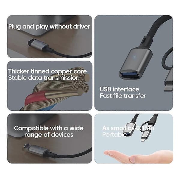 JS-112 2-i-1 Typ-C/Lightning Hane till USB Hona OTG Adapterkabel, 0,15m - Silver