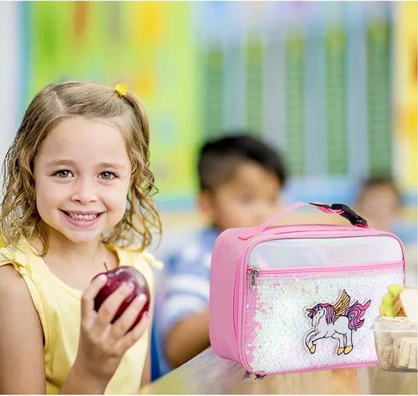 Lunsjpose for barn, enhjørning isolert lunsjboks snackboks med stropp for jenter, barnetermisk totebag