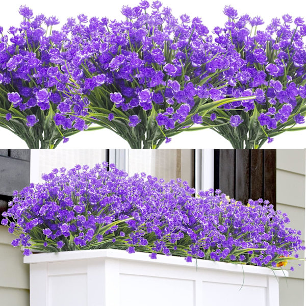 Konstgjorda blommor, 12 buntar UV-beständiga gröna buskar växter inomhus utomhus hängande planterare hem trädgård dekor Blue