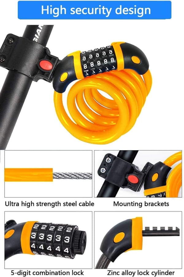 5-siffrigt kombinationscykellås, 12 mm kabel, 120 cm längd | Högsäkerhetscykellås, rostbeständig och slitstark kabel (gul) yellow