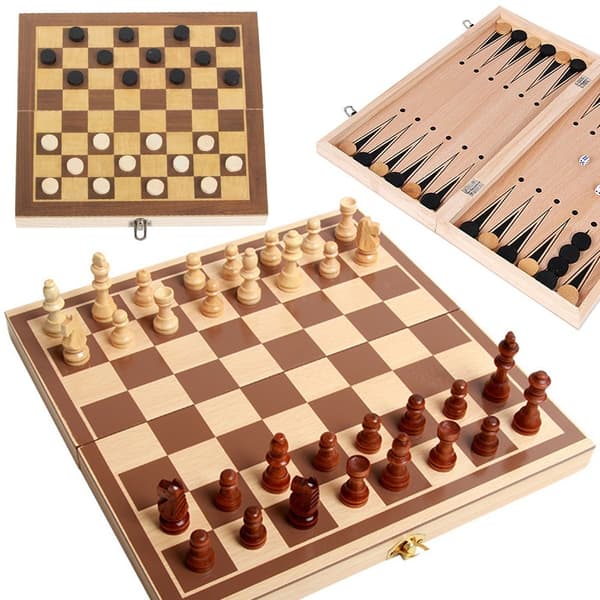 Skakspil dam backgammon stort træ 3i1