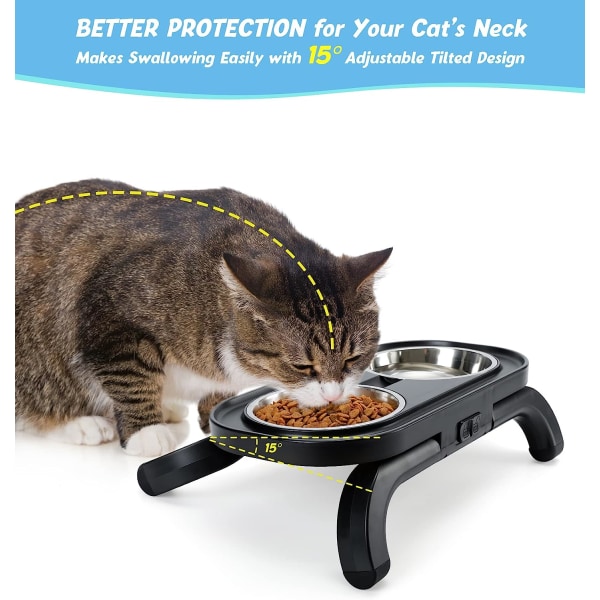 Kattskålar med ställbar lutande, upphöjd husdjursskål för katter och små hundar 2 matskålar i rostfritt stål