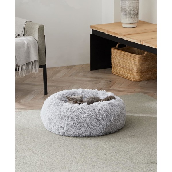 Plys donut hund seng, rolig rund hund katteseng blød og fluffy kram kæledyr pude automatisk varm hvalpeseng maskinvaskbar, grå 50cm