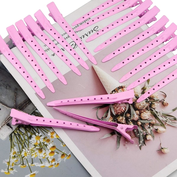 24-pack ankläppsklipp, 3,5 tum rostfria metallkrokodilklämmor med hål för hårstyling, hårfärgning, rosa