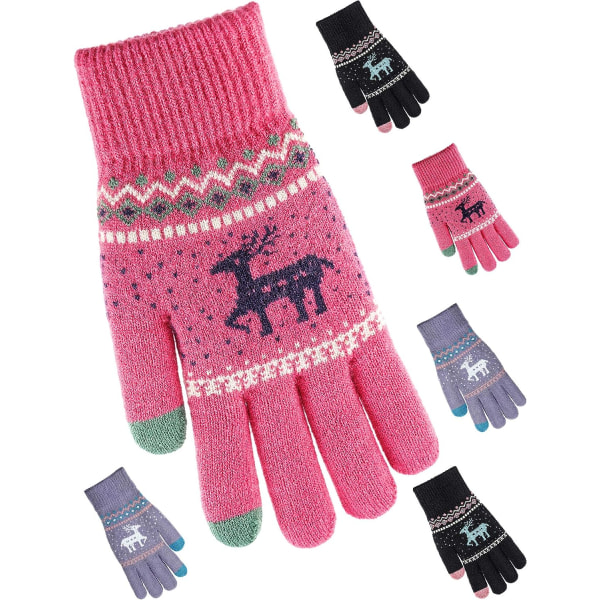 1 Tvåhandshandskar med pekskärm Elastiska stickande mekaniska handskar Varma vinterhandskar (rosa)